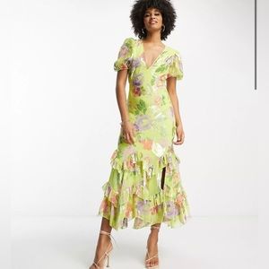 ASOS DESIGN Tall ruffle frill hem midi dress in green metallic rose print